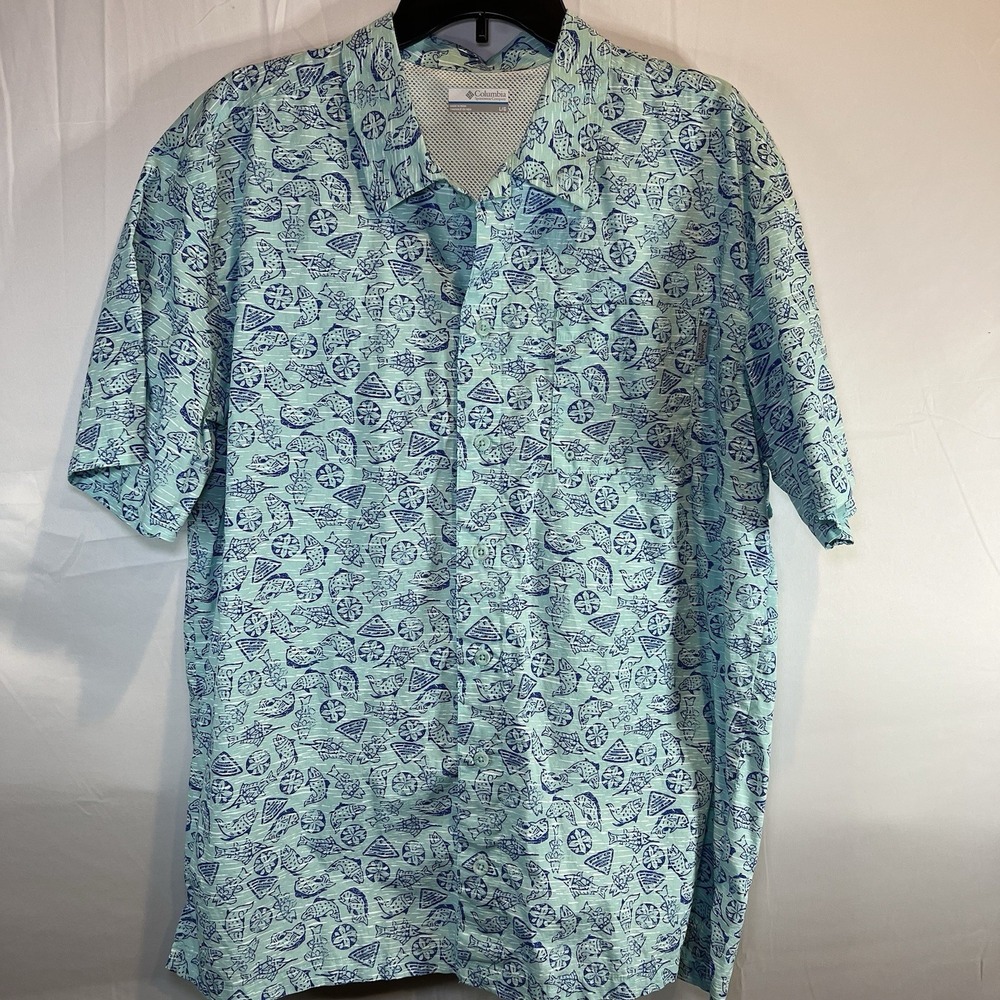 Columbia PFG Aqua Blue With Fish Short Sleeve Men's‎ Size Large Fishing Nautical